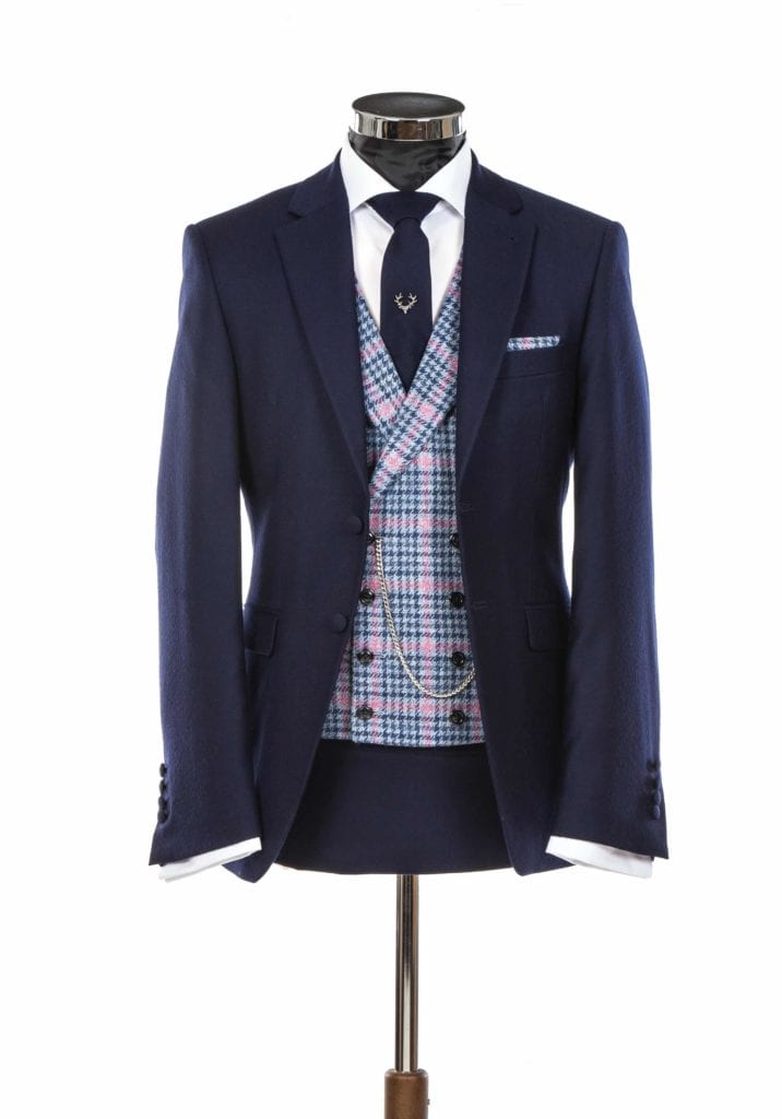 Wedding Suit in Navy Blue With Bold Blue and Pink Waistcoat. Wedding Suit Trend for 2023. 